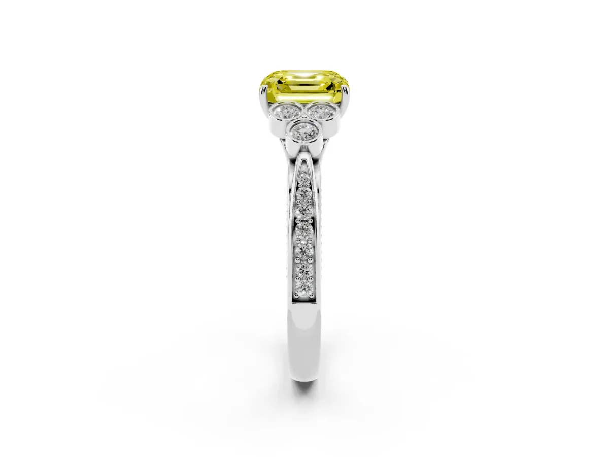 Fancy Yellow Asscher Cut Cut Diamond Engagement Ring with Bezel Set Round Side Stones and Prong Setting Platinum