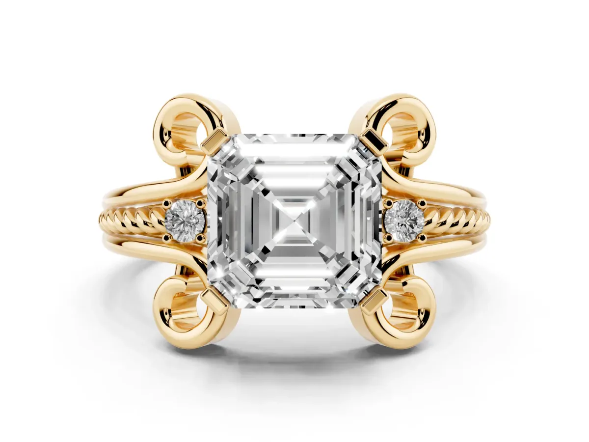 Asscher Cut Solitaire Twisted Band Scroll Prong Ring Yellow gold
