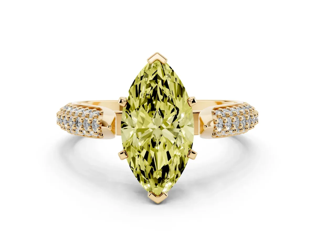 Fancy Yellow Marquise Cut Diamond Solitaire Engagement Ring with Multi-Row Round Pavé Band and Prong Setting Yellow gold