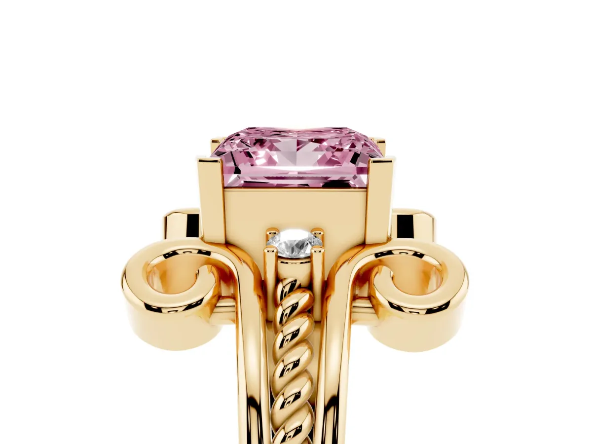 Fancy Pink Princess Cut Solitaire Twisted Band Scroll Prong Ring Yellow gold