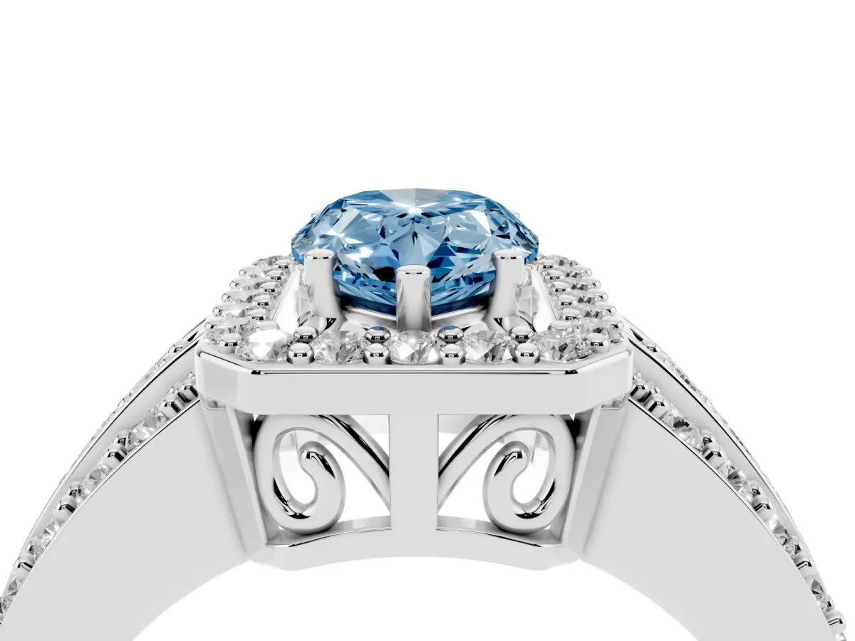 Fancy Blue Pear Cut Halo Diamond Ring with Round Split Shank and Prong Setting Platinum