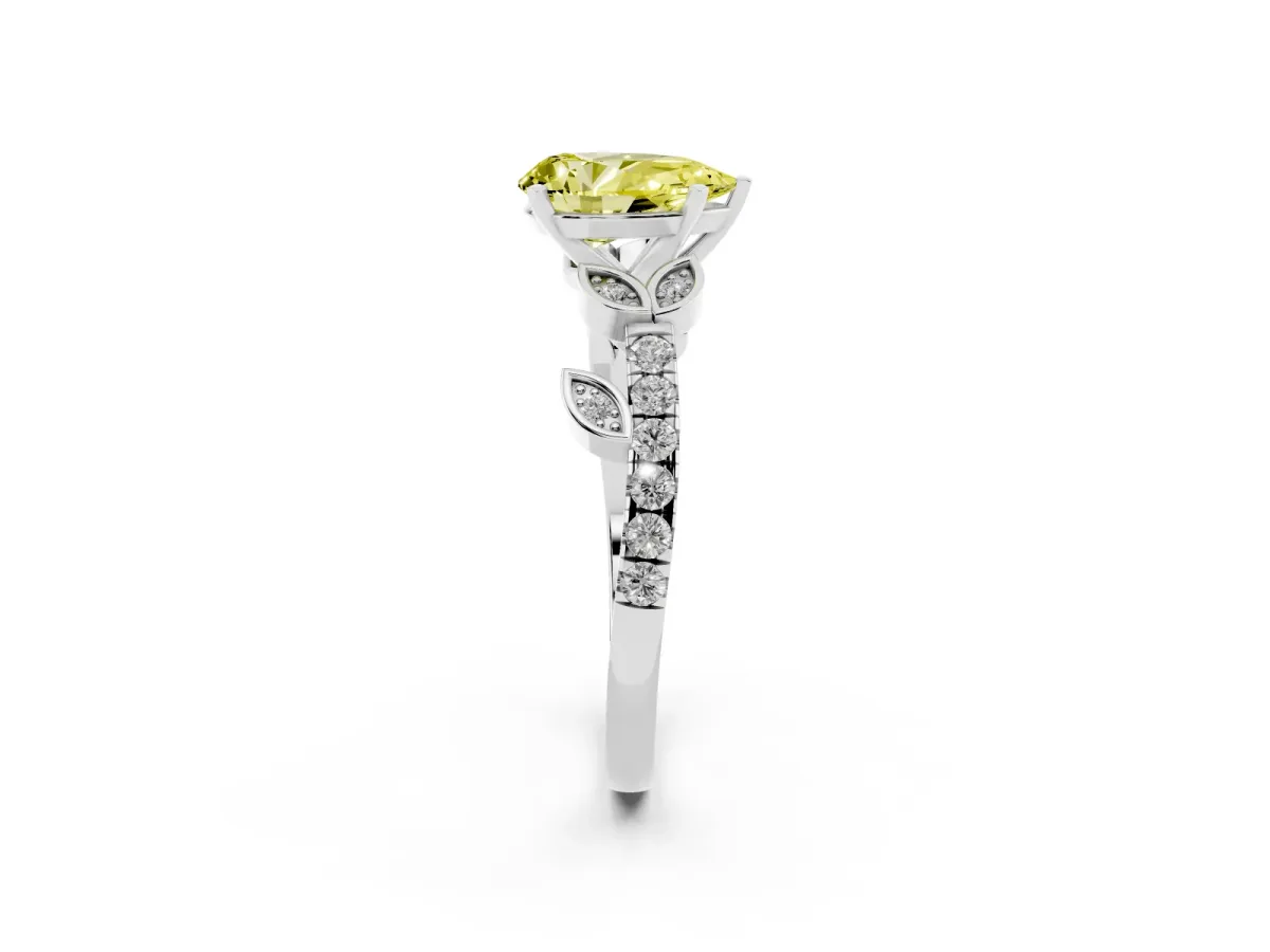 Fancy Yellow Pear Cut Solitaire Leaf-Inspired Diamond Ring with Pavé Band and Four-Prong Setting Silver