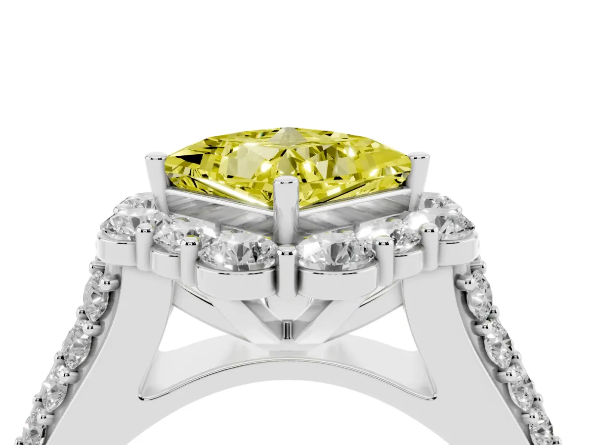 Fancy Yellow Princess Cut Halo Diamond Engagement Ring with Split Shank and Prong Setting Silver