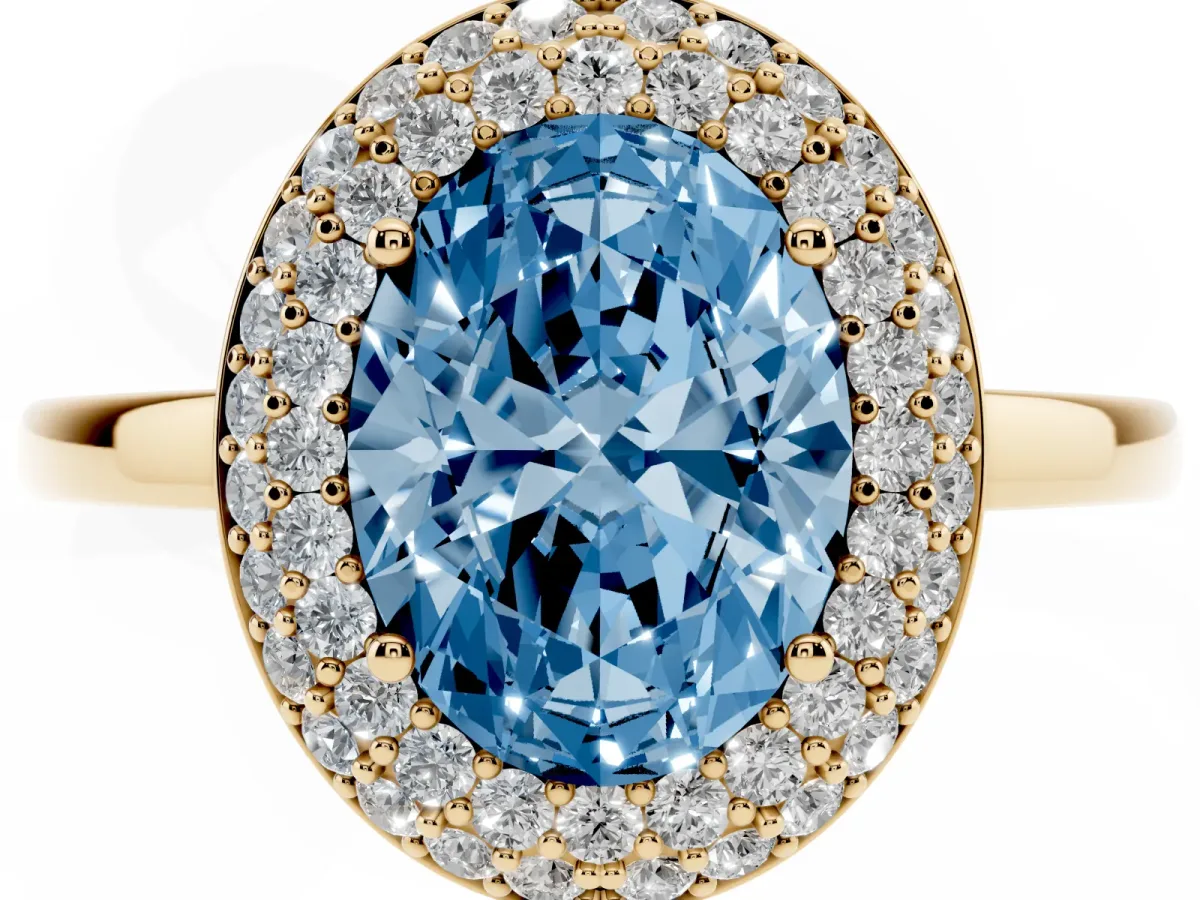 Fancy Blue Oval Cut Halo Diamond Engagement Ring with Solitaire Band and Four-Prong Setting Yellow gold