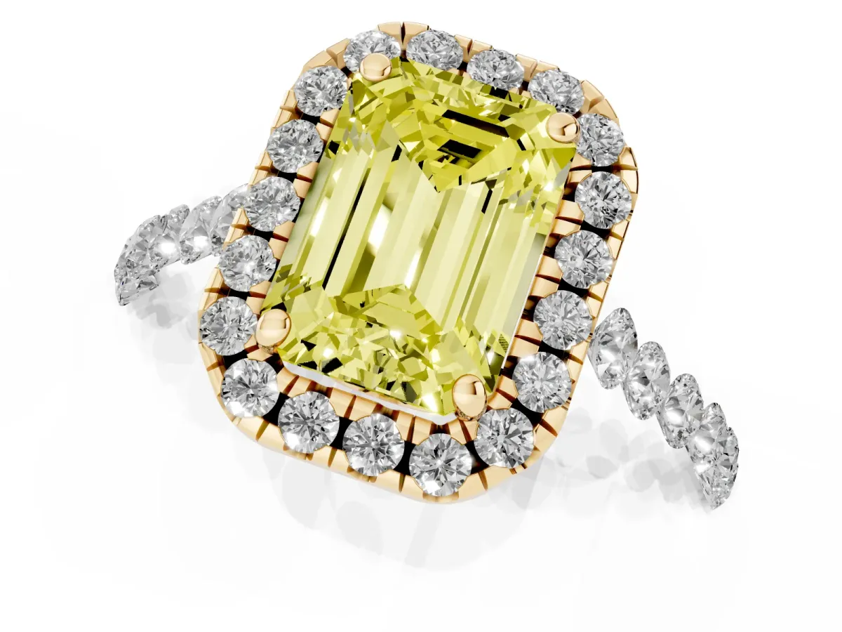 Fancy Yellow Emerald Cut Halo Pavé Diamond Engagement Ring with Four-Prong Setting Yellow gold