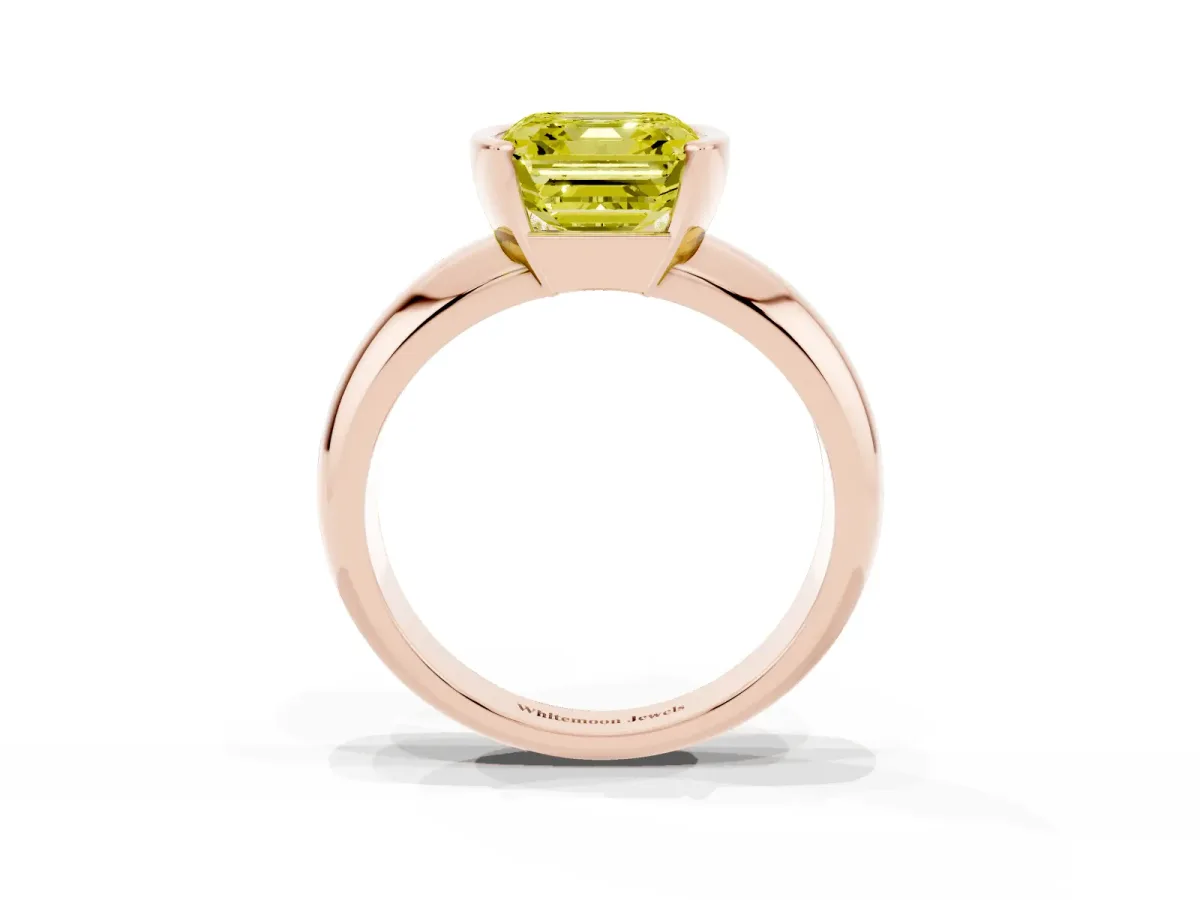 Fancy Yellow Asscher Cut Solitaire Tension Set Diamond Ring with Wide Band Rose gold