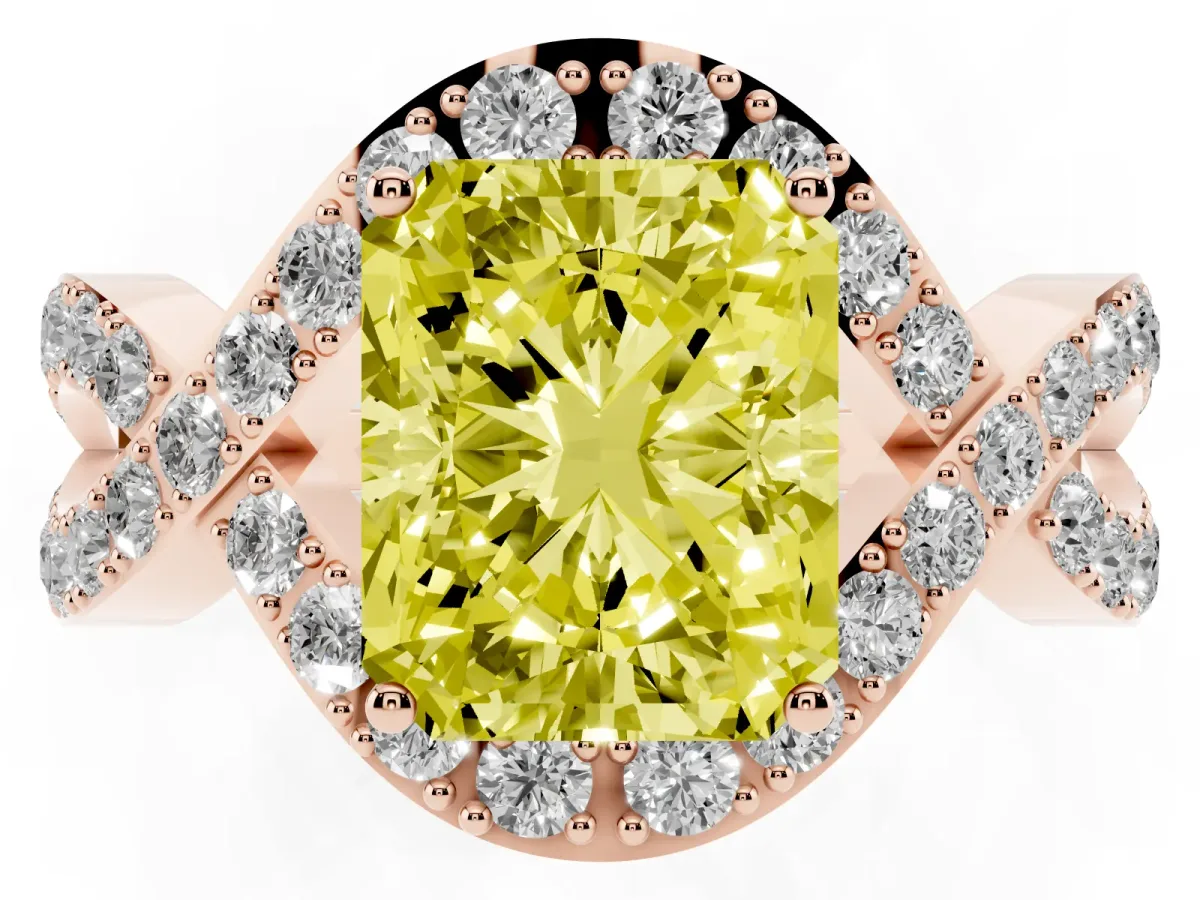 Fancy Yellow Radiant Cut Solitaire Twist Band Pavé Diamond Engagement Ring Rose gold