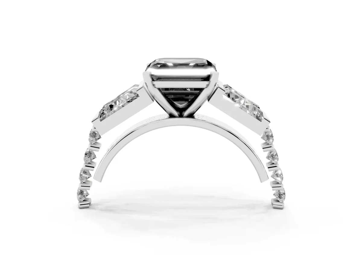 Fancy Black Asscher Cut Diamond Engagement Ring with Baguette Side Stones and Channel Set Band Silver