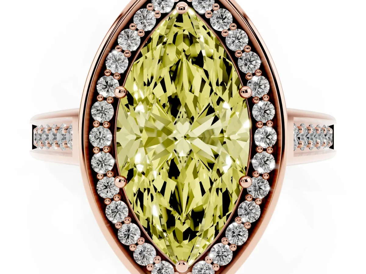 Fancy Yellow Marquise Cut Halo Solitaire Diamond Ring with Pave Band and Bezel Setting Rose gold