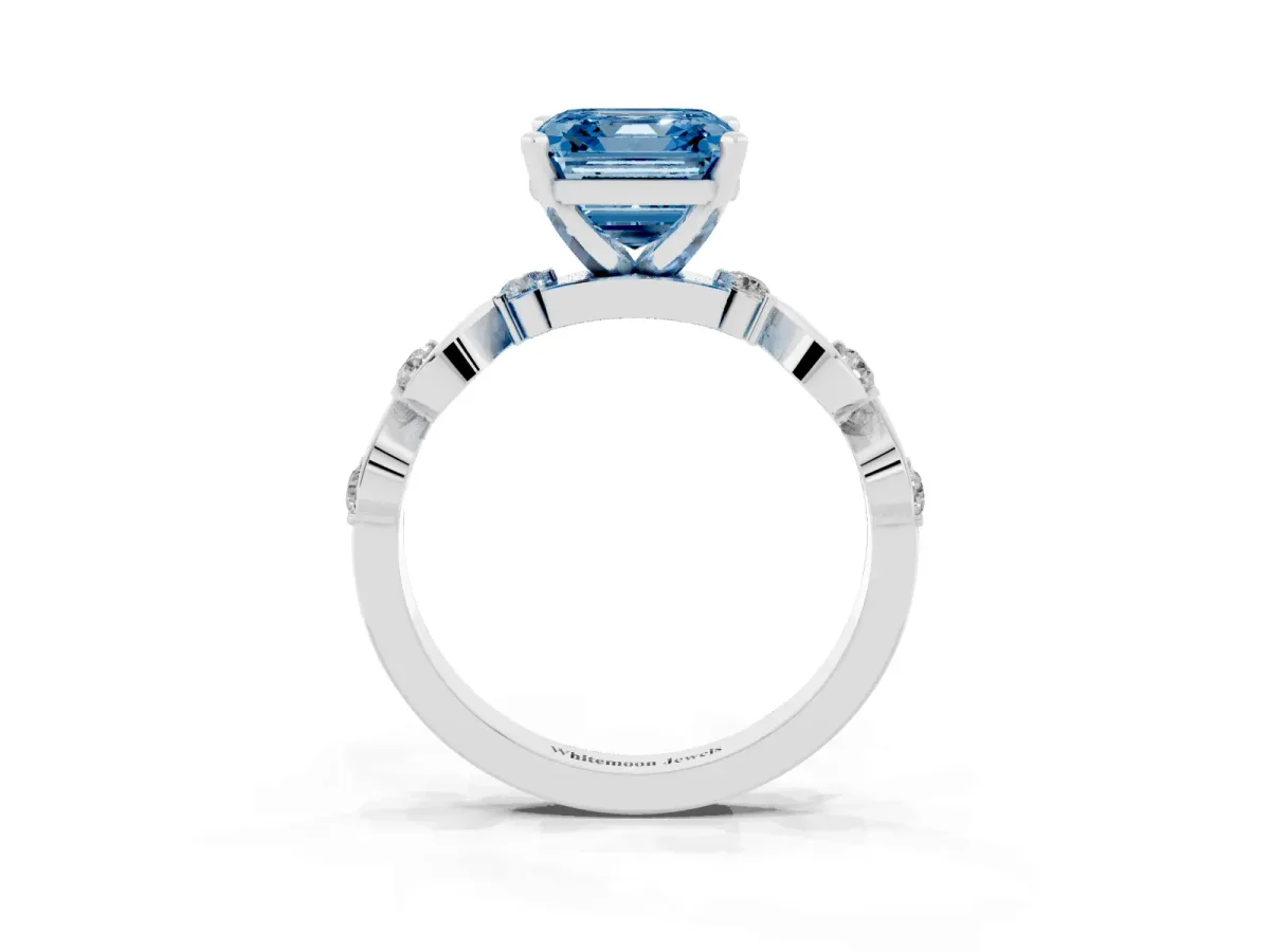 Fancy Blue Asscher Cut Diamond Solitaire Twisted Band with Round Accents and Prong Setting White gold