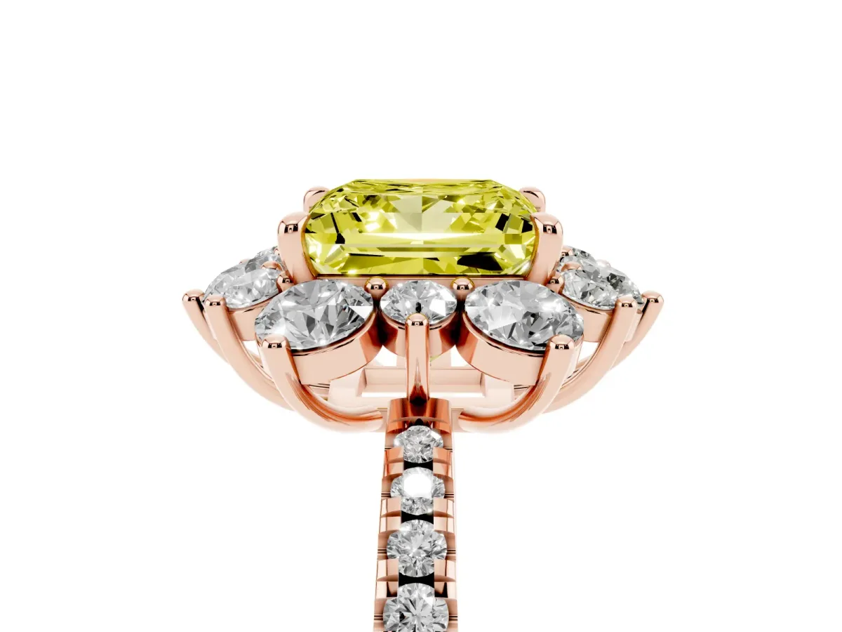 Fancy Yellow Princess Cut Diamond Floral Halo Ring with Round Pavé Band and Prong Setting Rose gold