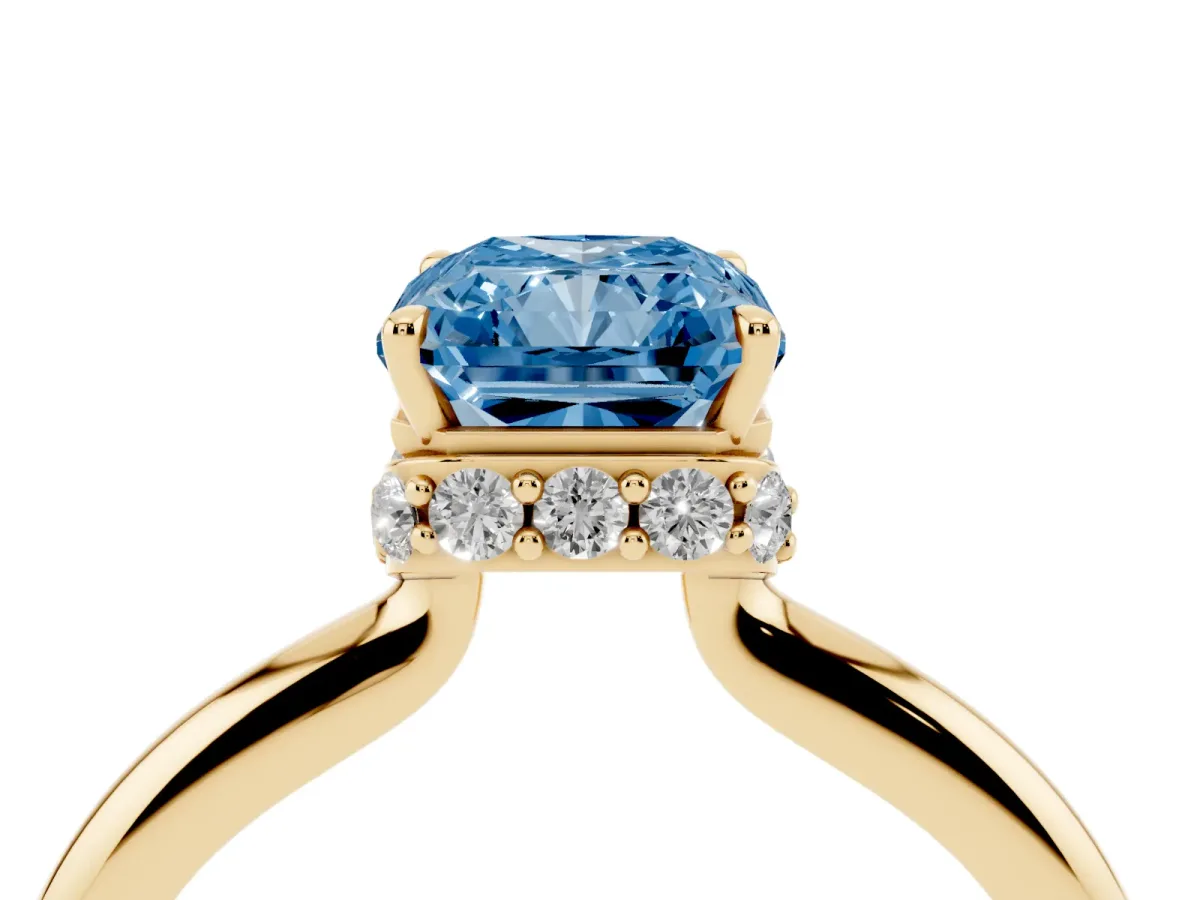 Fancy Blue Radiant Cut Brilliant Solitaire Engagement Ring with Six-Prong Setting and Classic Band Yellow gold
