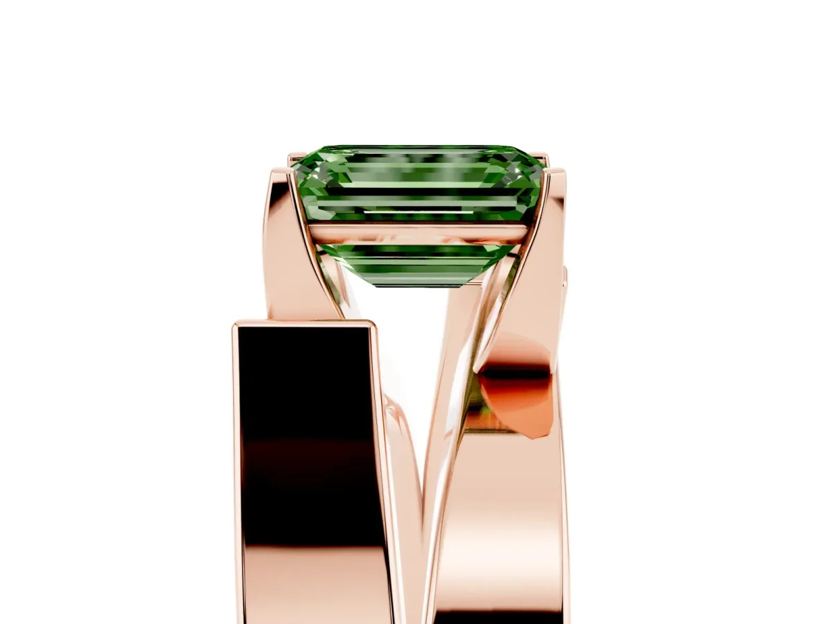 Fancy Green Modern Tension Set Emerald Cut Diamond Solitaire Wide Band Ring Rose gold