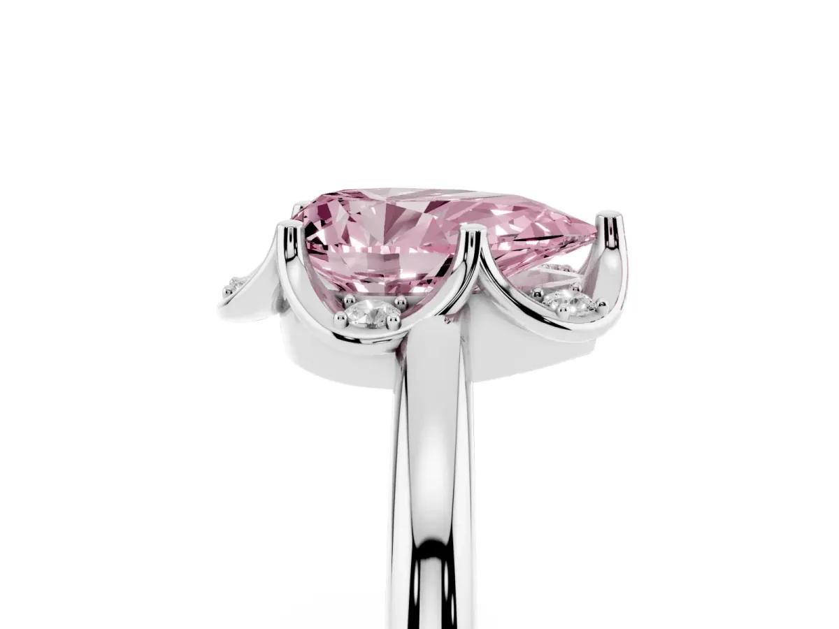 Fancy Pink Pear Cut Halo Diamond Ring with Round Cluster Setting, Solitaire Band, and Four-Prong Setting Platinum