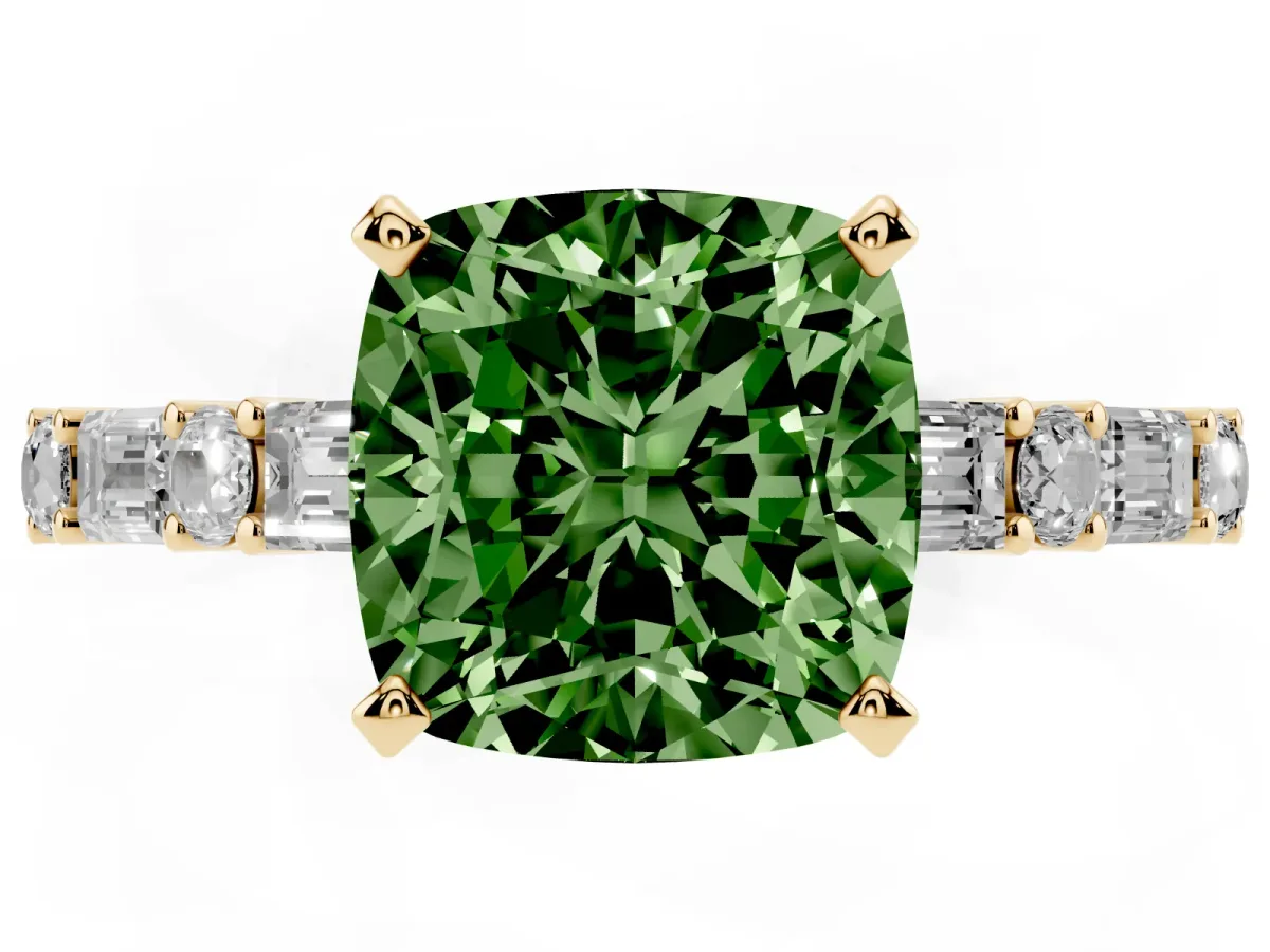 Fancy Green Cushion Cut Diamond Solitaire with Side Baguettes and Channel Set Band Yellow gold