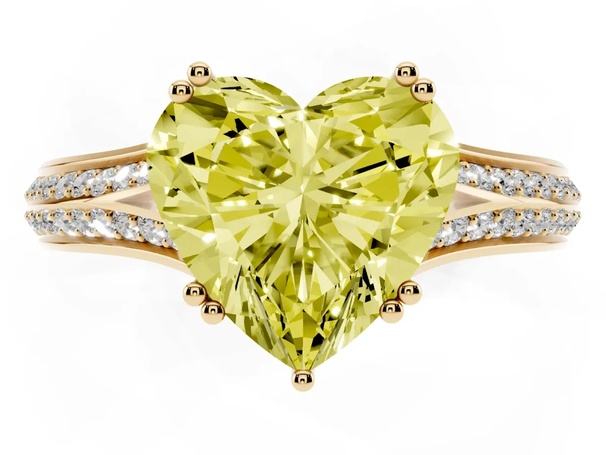 Fancy Yellow Heart Cut Diamond Split Shank Engagement Ring with Pavé Band Yellow gold