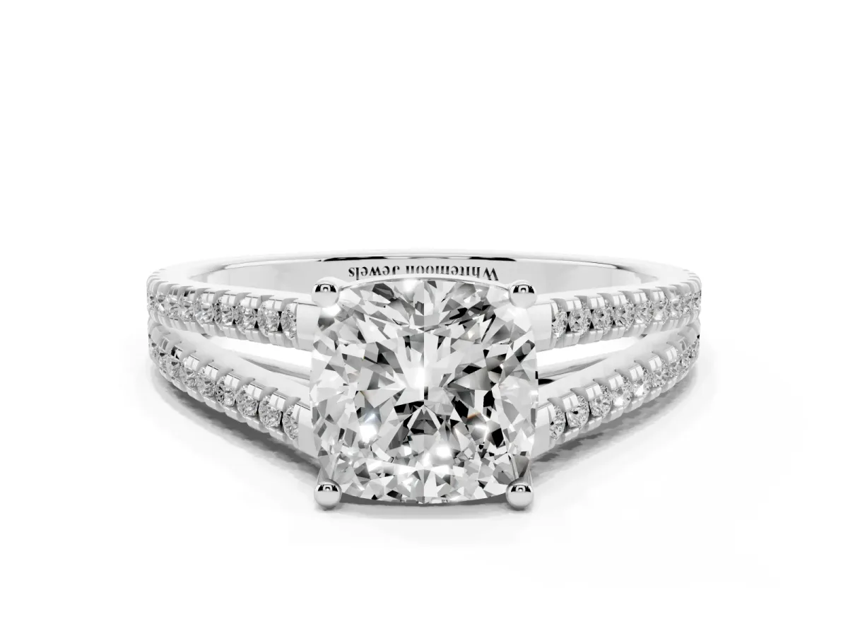 Cushion Cut Diamond Solitaire Engagement Ring with Split Shank Pavé Band Silver