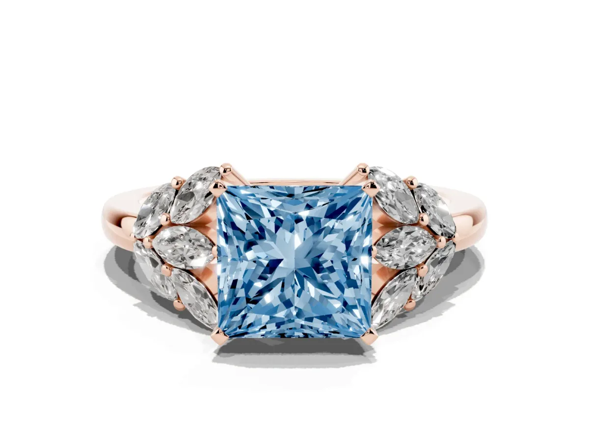 Fancy Blue Princess Cut Diamond Cluster Leaf Design Ring with Prong Setting Rose gold