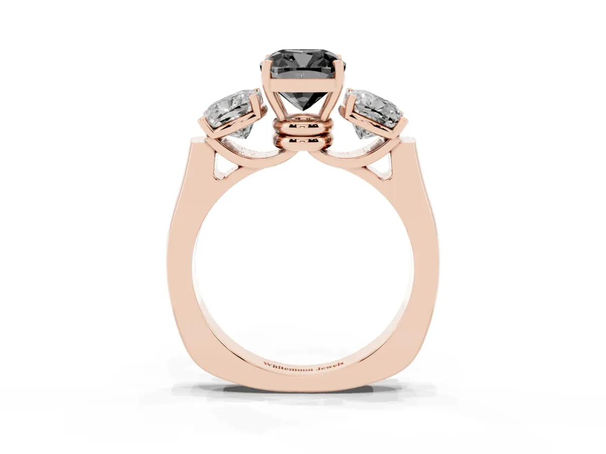 Fancy Black Three-Stone Cushion Cut Brilliant Diamond Trellis Ring with Comfort Fit Band Rose gold
