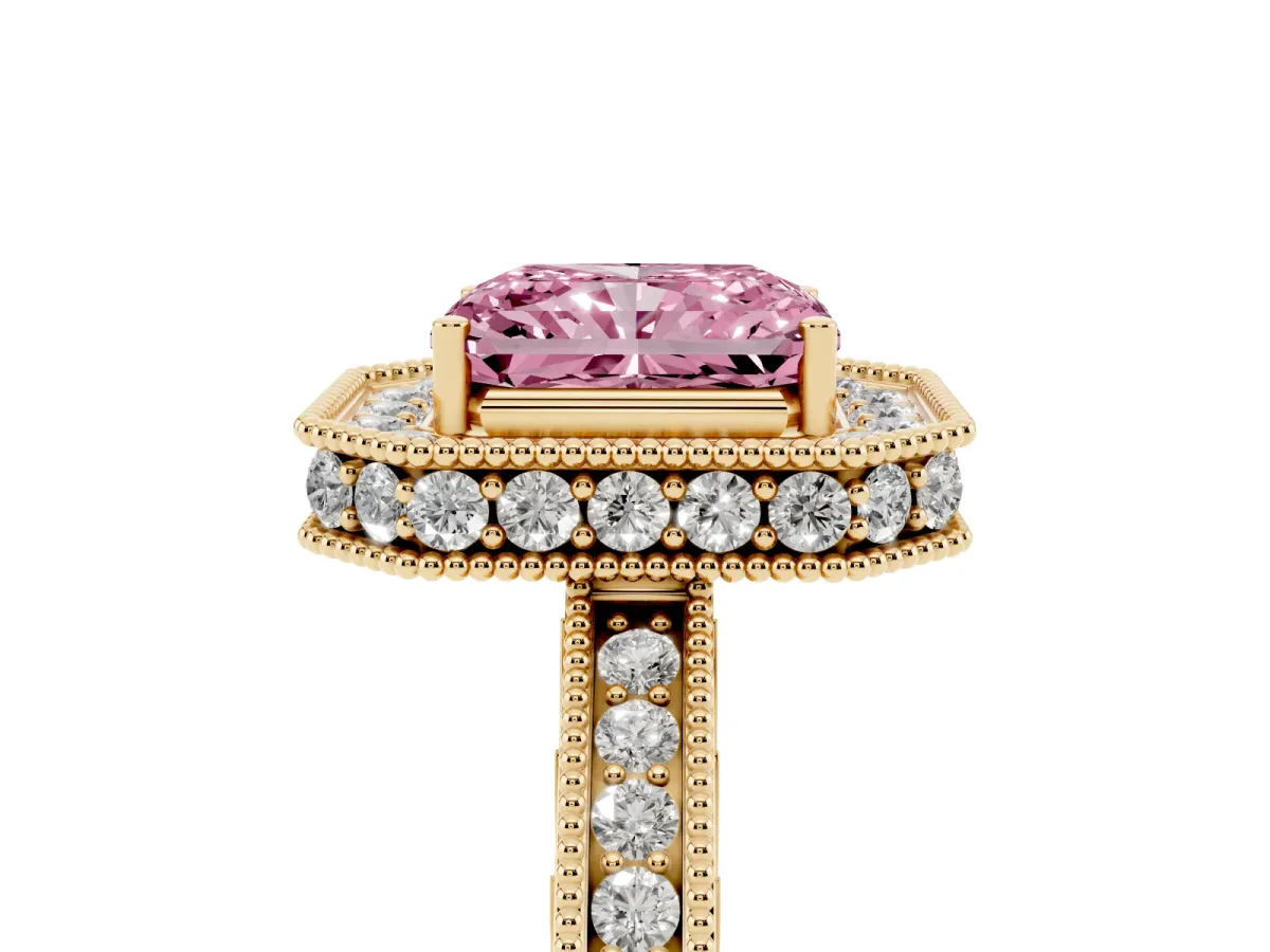 Fancy Pink Radiant Cut Diamond Milgrain Halo Engagement Ring with Round Pavé Band and Prong Setting Yellow gold