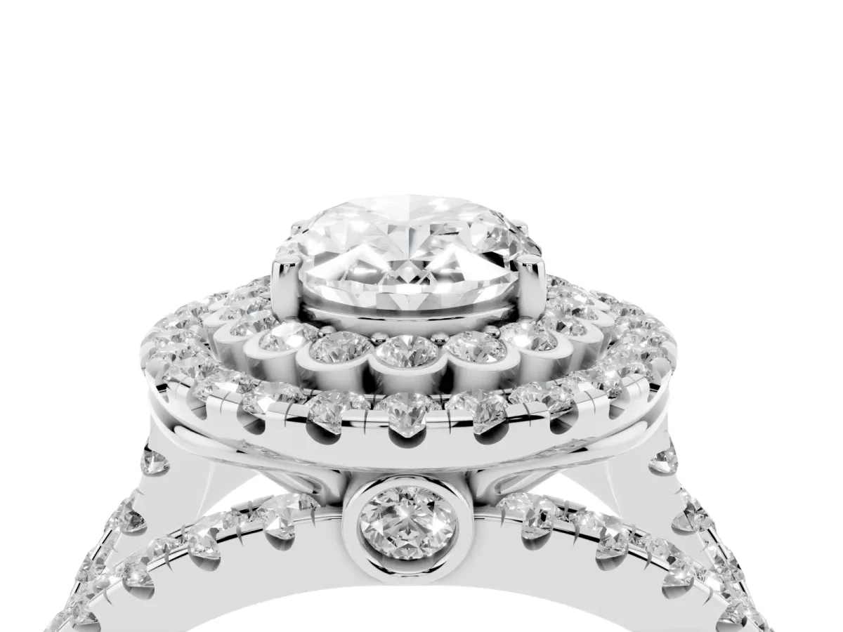 Oval Cut Diamond Double Halo Ring with Round Pavé Split Shank and Prong Setting Silver