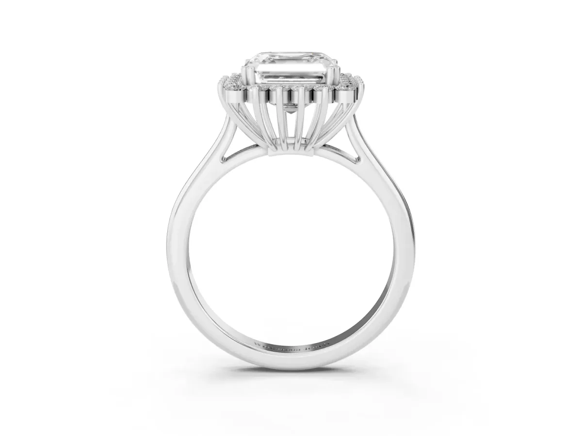 Asscher Cut Cut Diamond Halo Ring with Solitaire Band and Prong Setting Silver