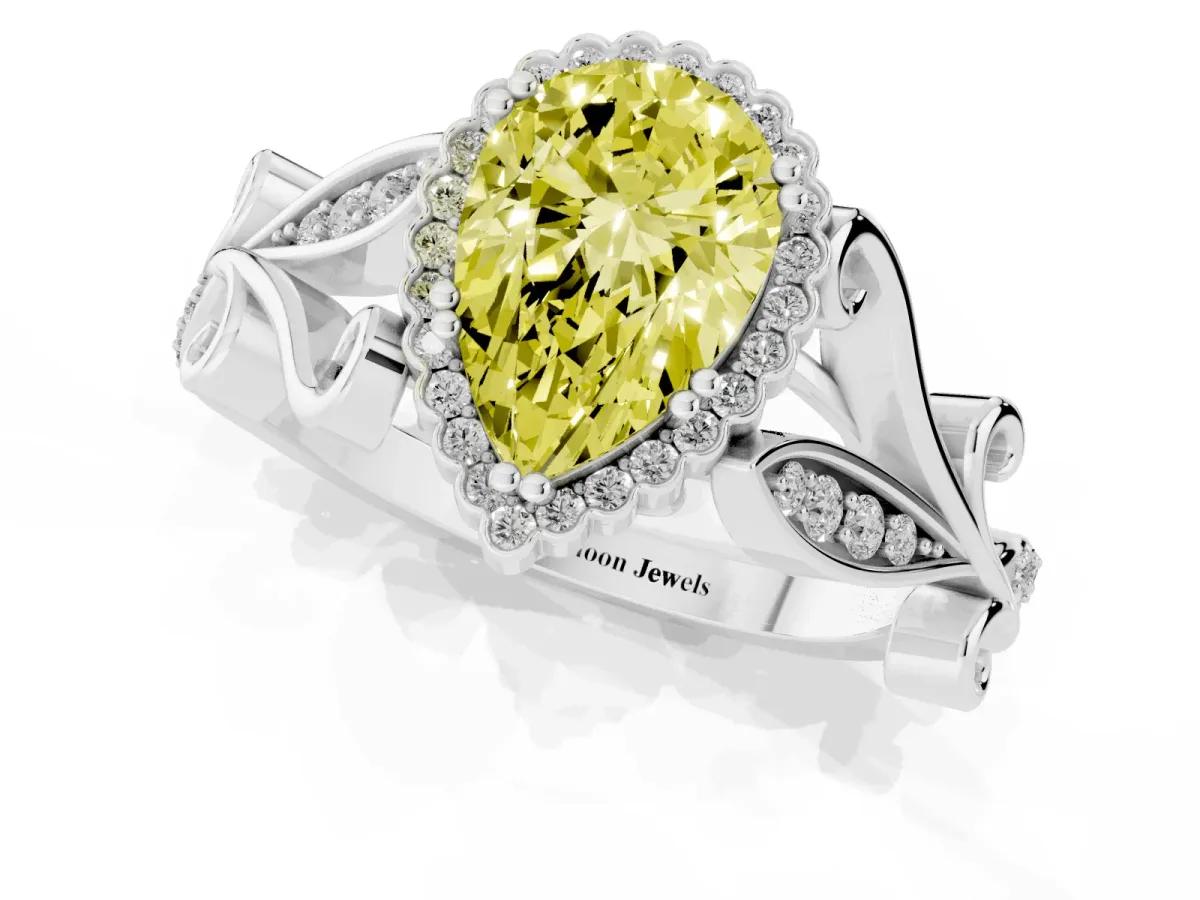 Fancy Yellow Pear Cut Diamond Halo Ring with Vintage Split Shank and Four-Prong Setting Silver