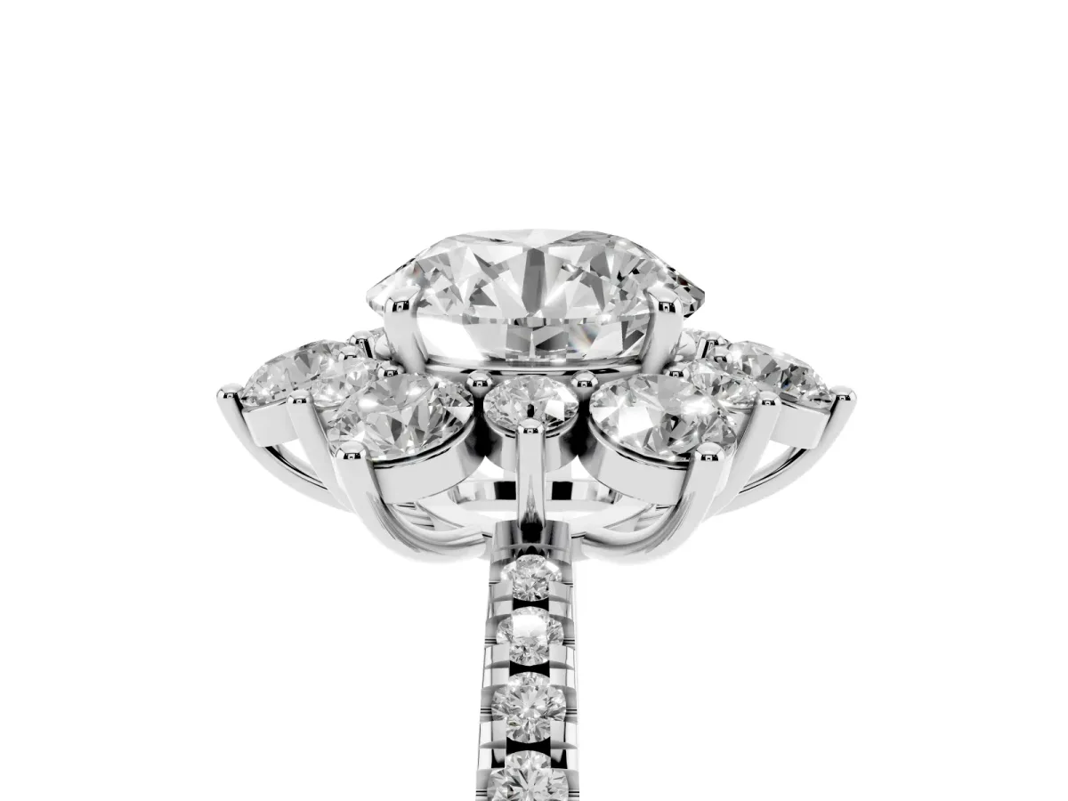 Round Cut Diamond Floral Halo Ring with Round Pavé Band and Prong Setting White gold