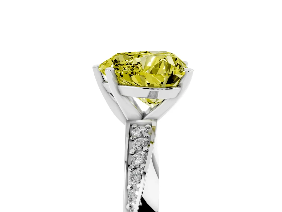 Fancy Yellow Heart Cut Diamond Engagement Ring with Side Stone Accents and Four-Prong Setting Silver