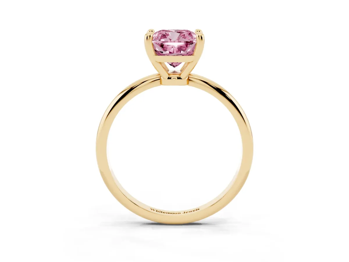 Fancy Pink Cushion Cut Solitaire Diamond Ring with 4-Prong Setting on a Classic Band Yellow gold