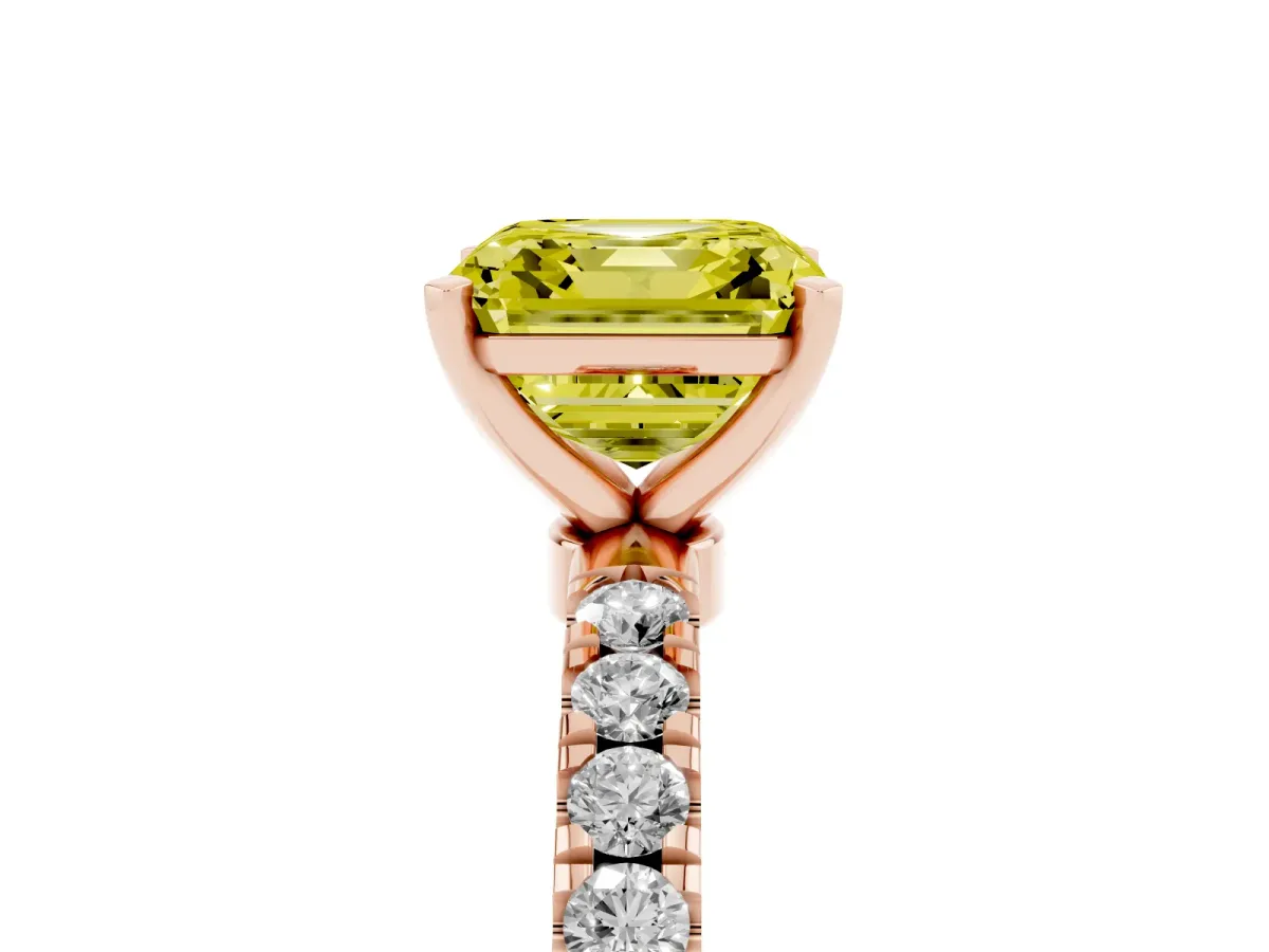 Fancy Yellow Asscher Cut Diamond Solitaire Ring with Pavé Accents and Four-Prong Setting Rose gold