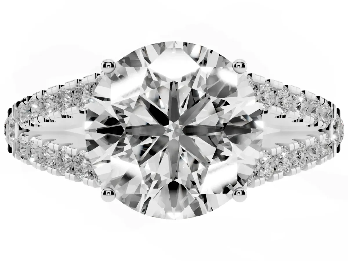 Round Cut Diamond Split Shank Pavé Engagement Ring with Four-Prong Setting Platinum