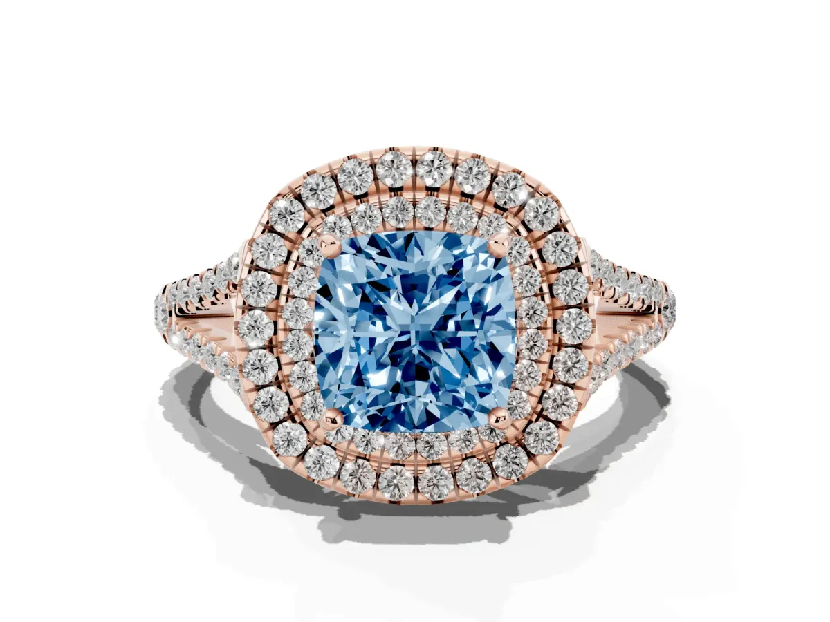 Fancy Blue Cushion Cut Diamond Double Halo Ring with Pavé Band and Prong Setting Rose gold