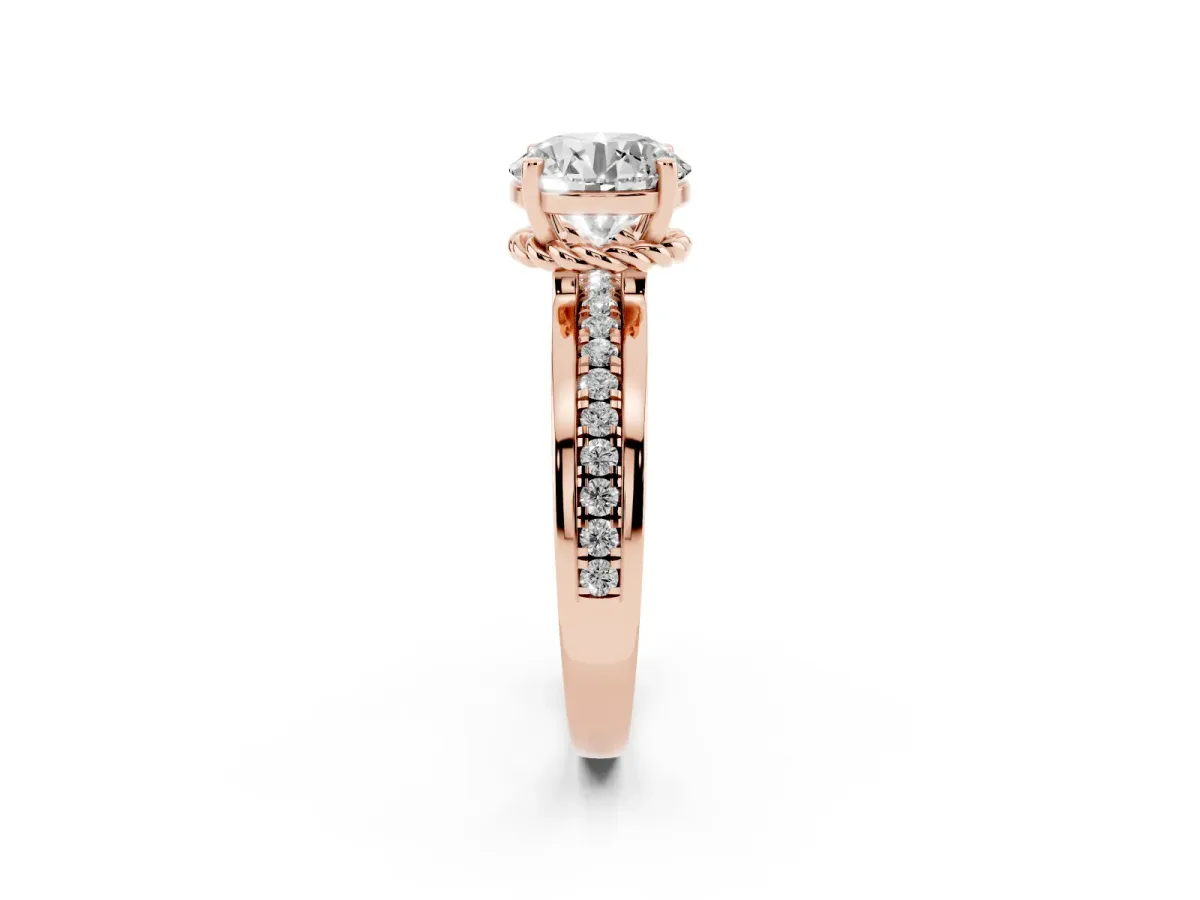 Round Cut Solitaire Diamond Ring with Channel Set Band and Six-Prong Setting Rose gold