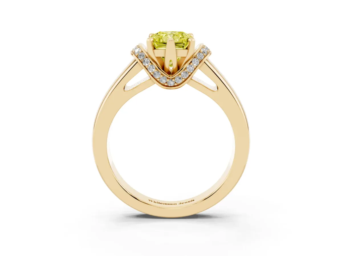 Fancy Yellow Radiant Cut Solitaire Diamond Ring with Pave Band and Six-Prong Setting Yellow gold