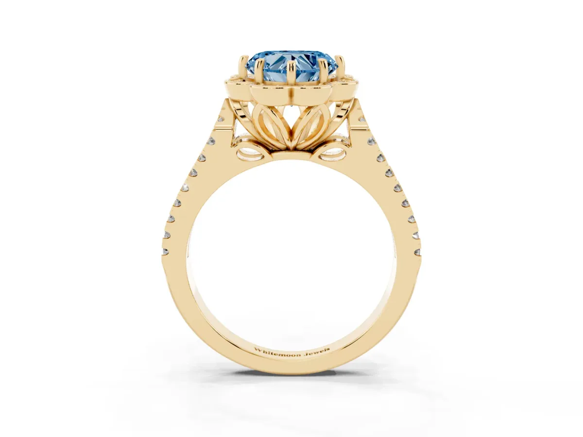 Fancy Blue Heart Cut Halo Diamond Floral Split Shank Engagement Ring Yellow gold