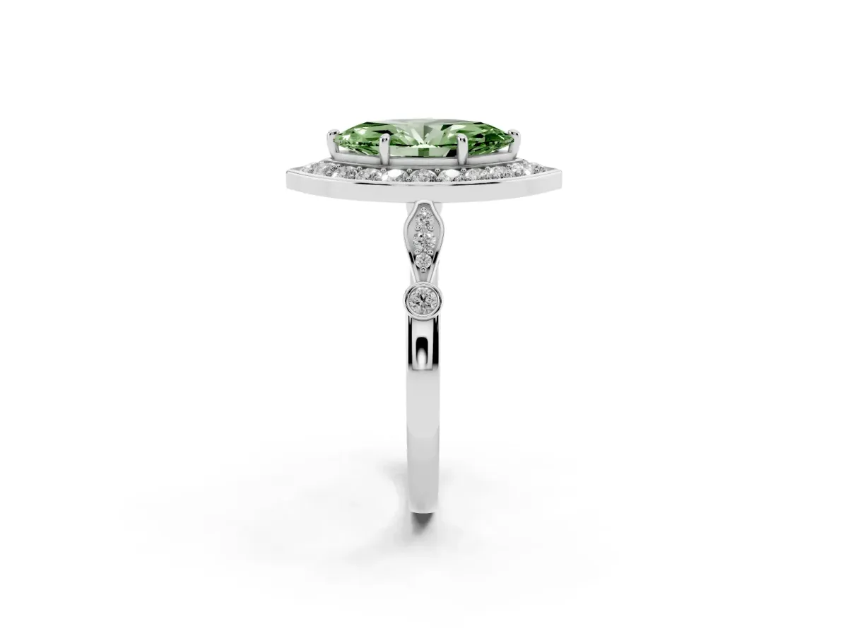 Fancy Green Marquise Cut Halo Diamond Engagement Ring with Twisted Band and Four-Prong Setting Platinum