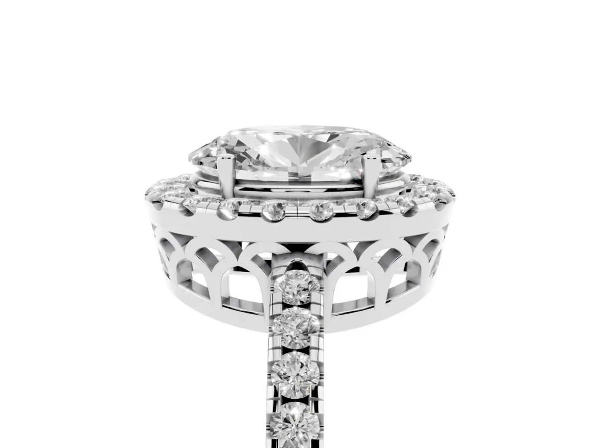 Oval Cut Halo Diamond Engagement Ring with Pavé Band and Four-Prong Setting Silver