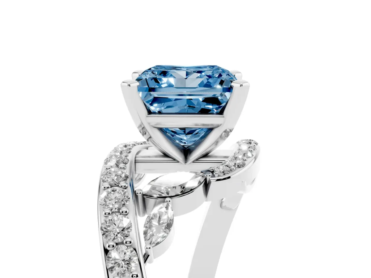Fancy Blue Princess Cut Solitaire with Pavé Twist Band and Four-Prong Setting Platinum
