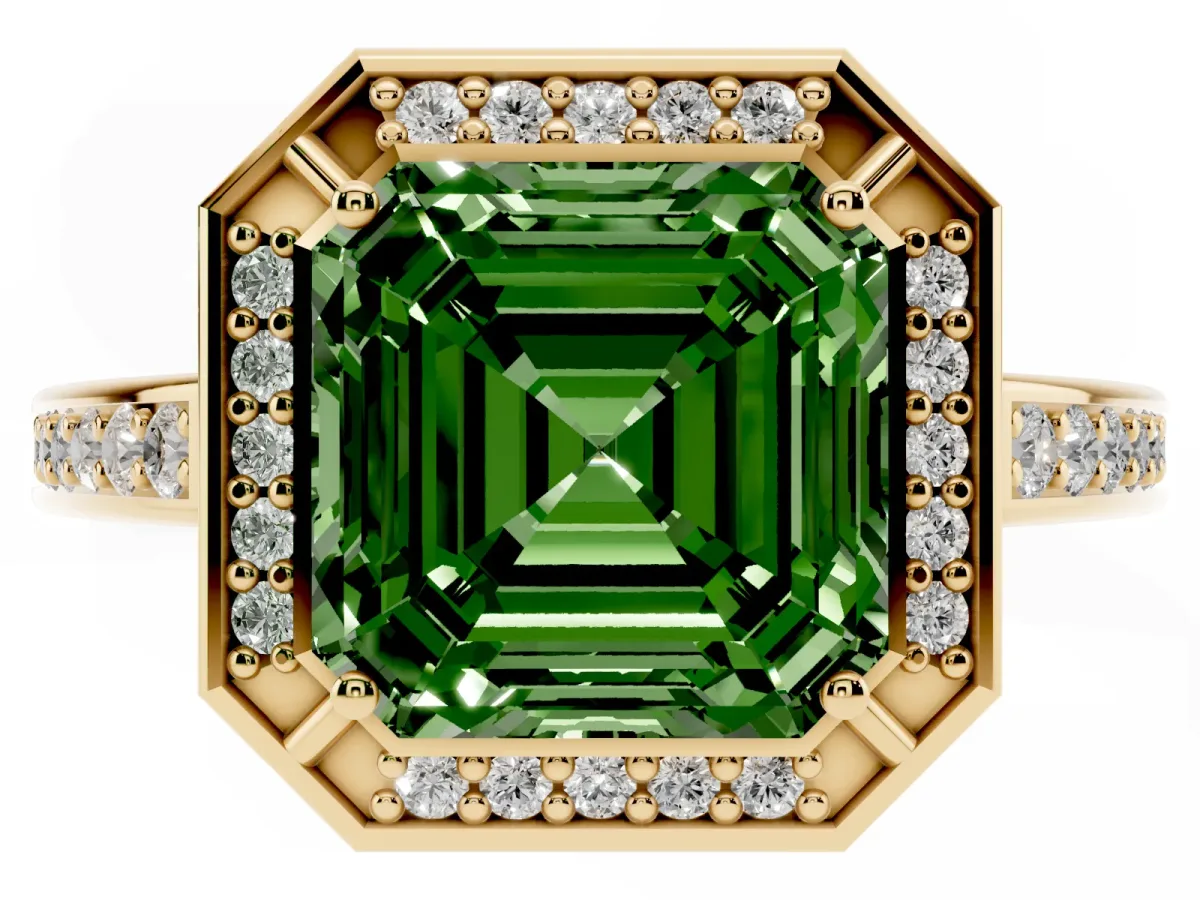 Fancy Green Asscher Cut Cut Halo Pave Split Shank Prong Setting Ring Yellow gold