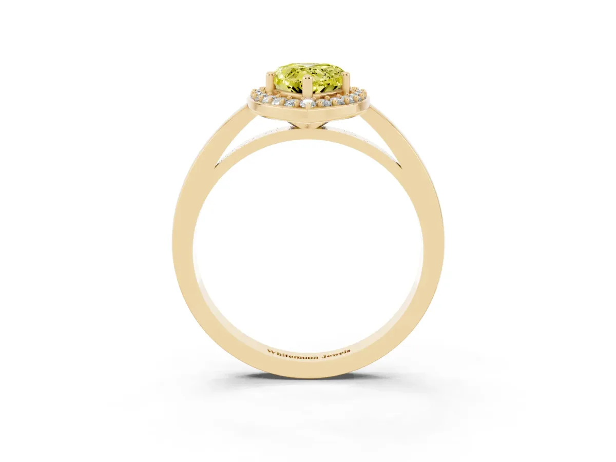 Fancy Yellow Pear Cut Halo Diamond Ring with Solitaire Band and Prong Setting Yellow gold