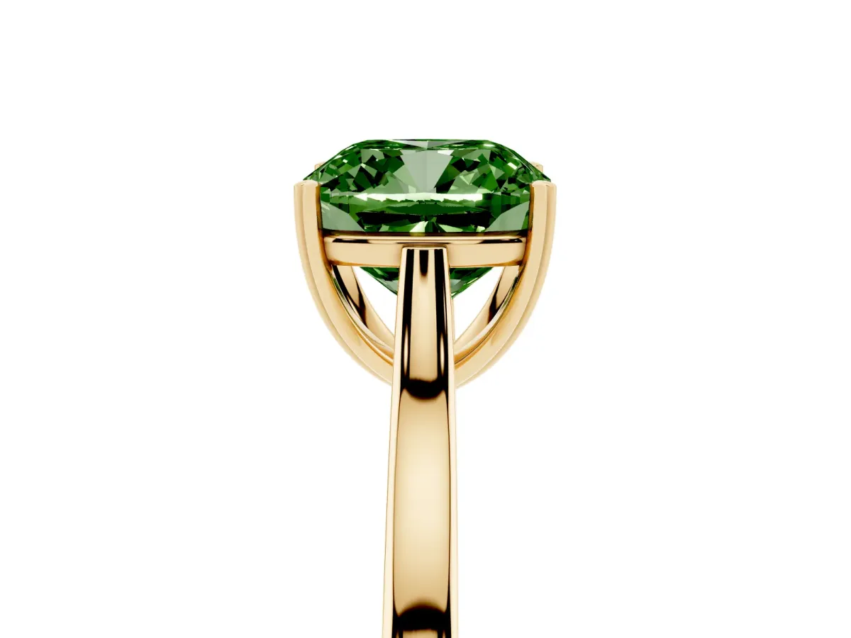 Fancy Green Cushion Cut Solitaire Heart Prong Engagement Ring with Tapered Band Yellow gold