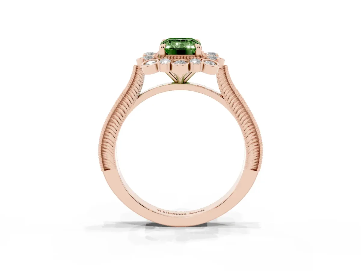 Fancy Green Emerald Cut Halo Milgrain Pave Diamond Ring with Four-Prong Setting Rose gold