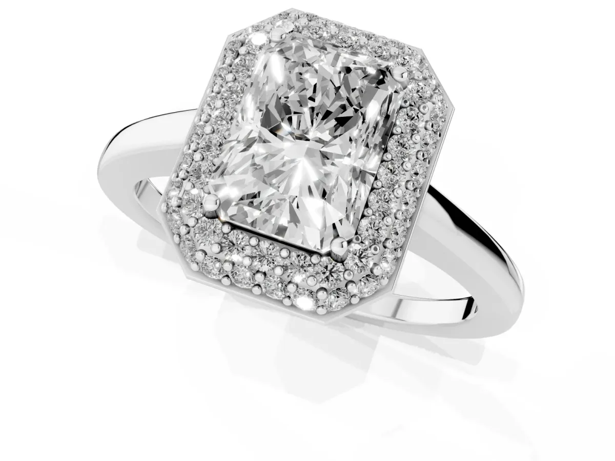 Radiant Cut Halo Diamond Engagement Ring with Solitaire Band and Four-Prong Setting Platinum