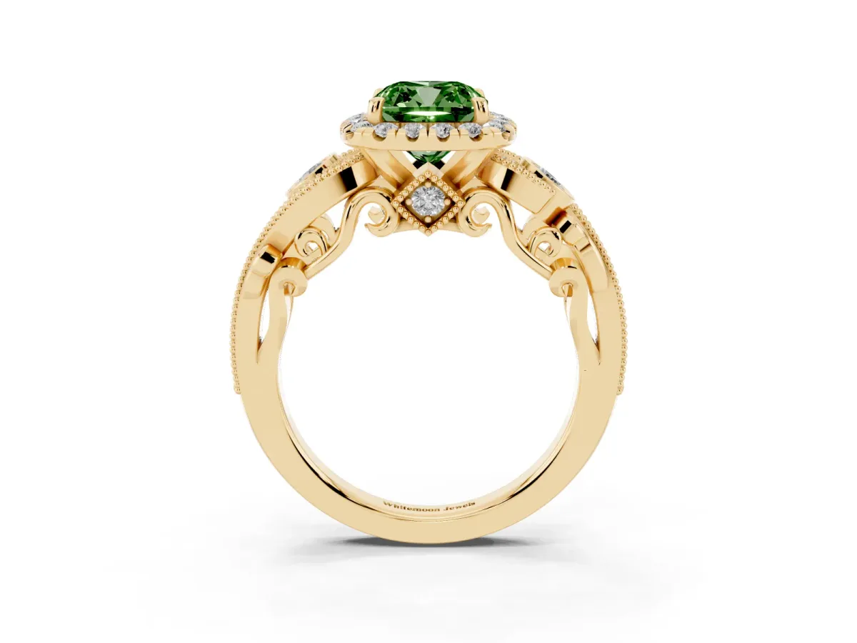 Fancy Green Cushion Cut Halo Diamond Ring with Milgrain and Bezel Accents on a Split Shank Band Yellow gold