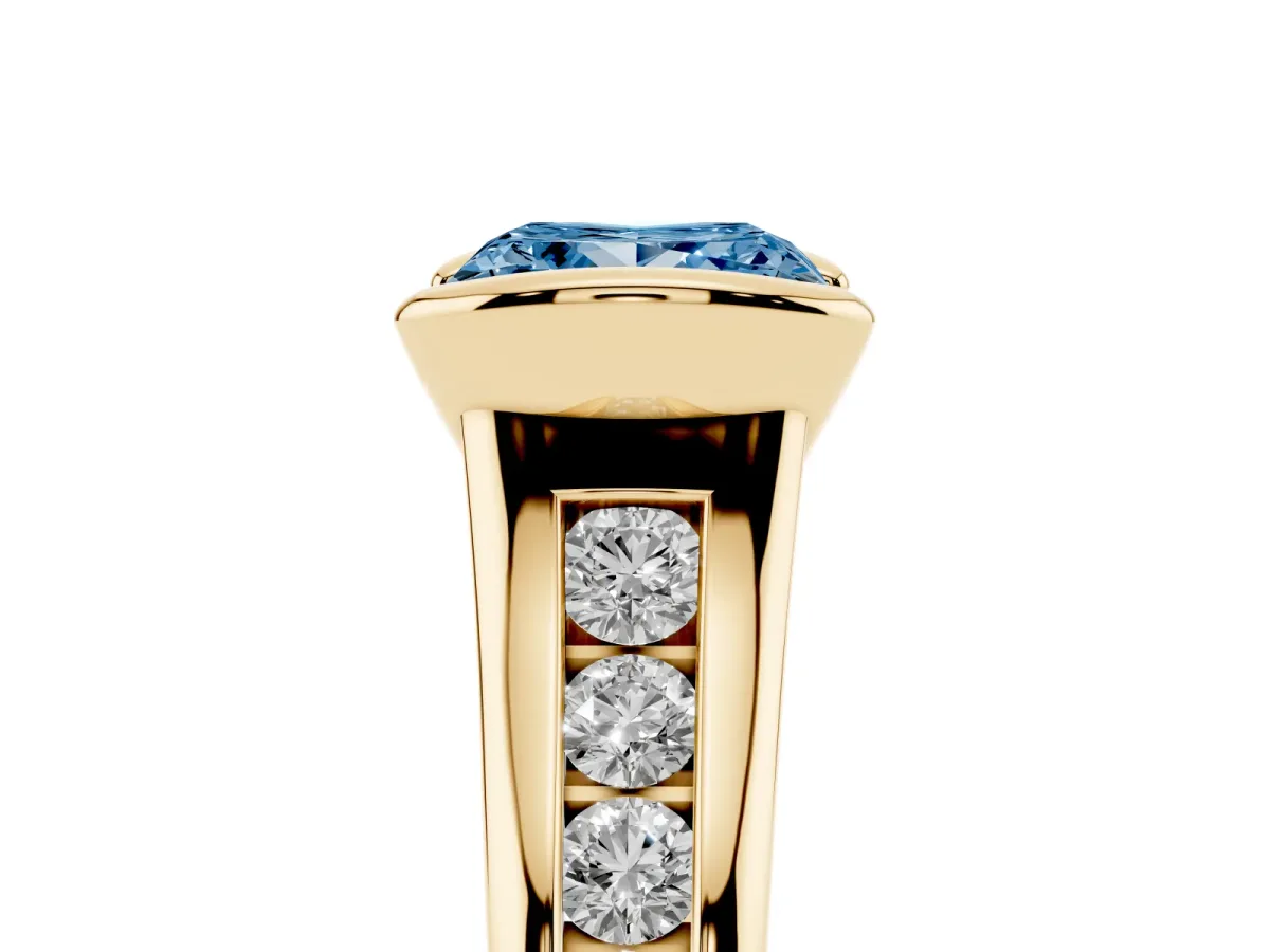Fancy Blue Princess Cut Solitaire Bezel-Set Diamond Ring with Channel-Set Band Yellow gold