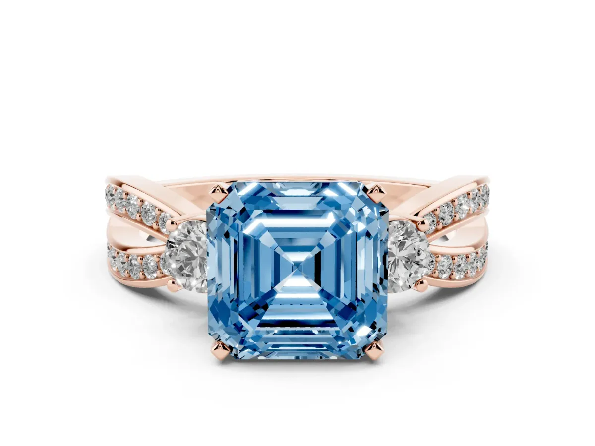 Fancy Blue Three-Stone Asscher Cut Cut Diamond Twist Band with Prong Setting Rose gold