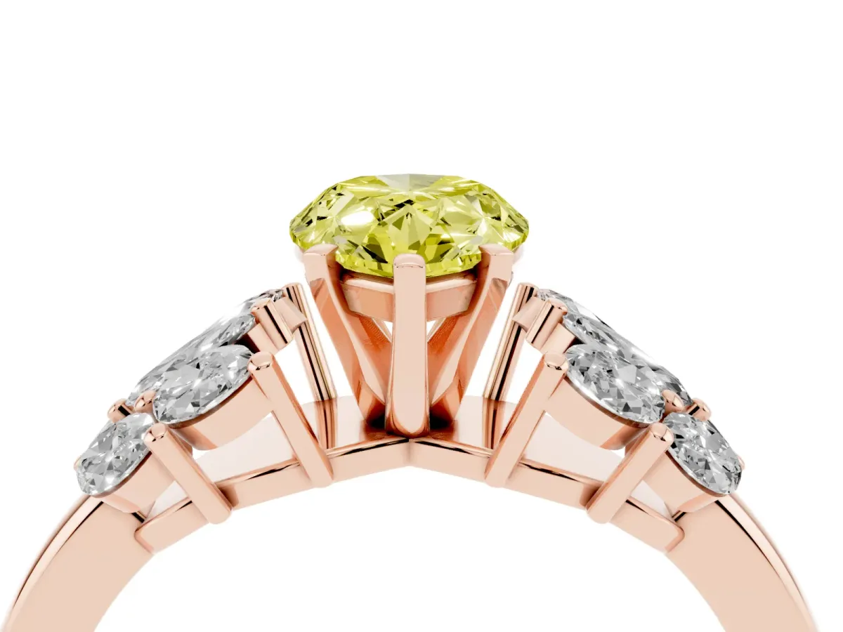 Fancy Yellow Pear Cut Diamond Cluster Leaf Design Ring with Prong Setting Rose gold