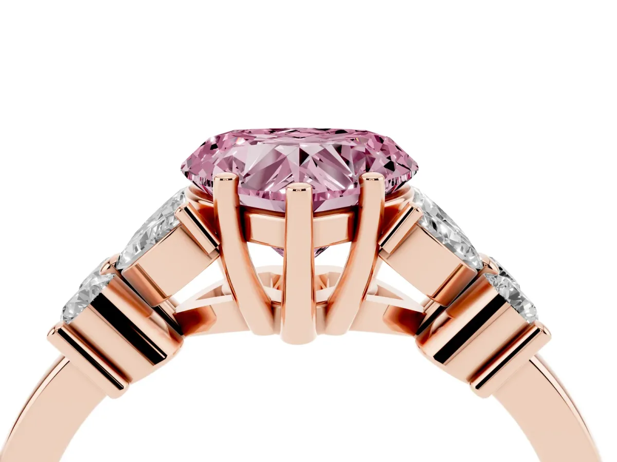 Fancy Pink Heart Cut Diamond Floral Cluster Ring with Solitaire Band and Prong Setting Rose gold