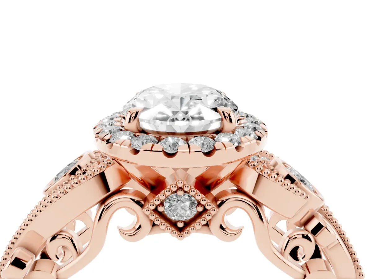 Oval Cut Diamond Halo Ring with Milgrain Pavé Band and Four-Prong Setting Rose gold